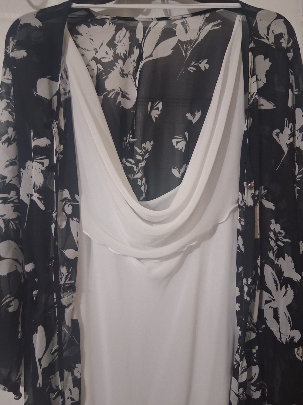 & Other Stories White Cowl Backless Dress with Black Floral Kimono Overlay